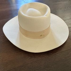 Janessa Leone Wide Brim Wool Fedora in Cream with Tan Band